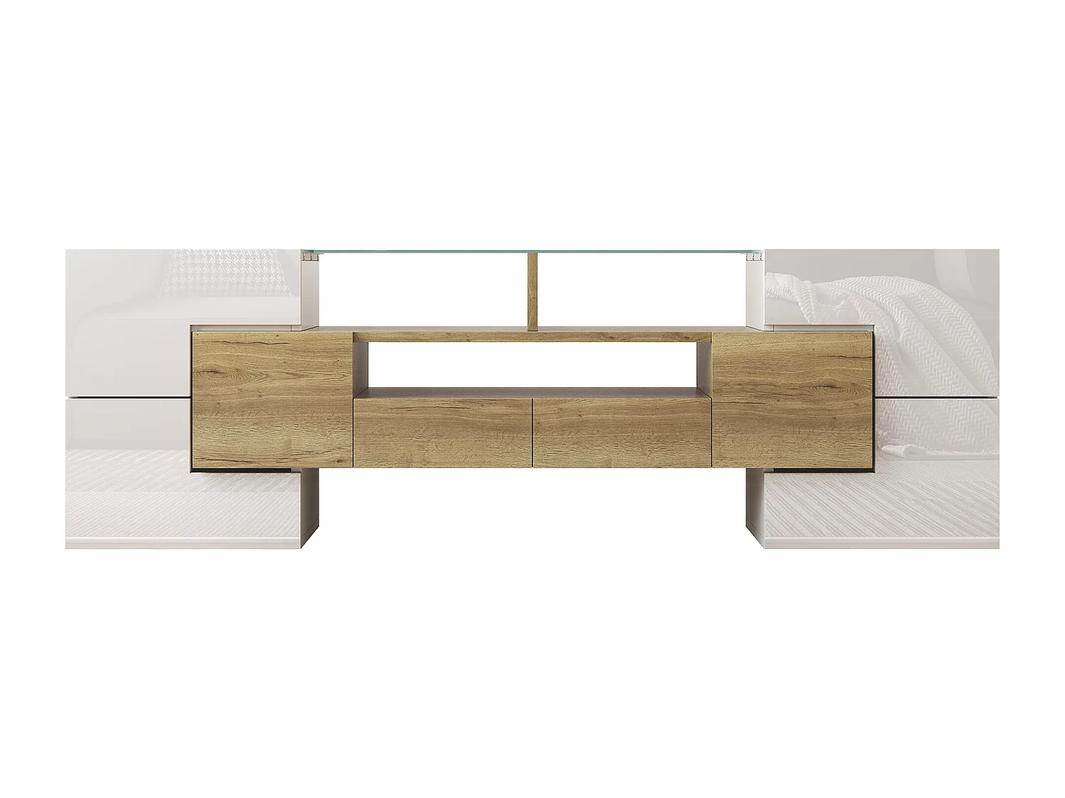 Meuble TV avec 6 portes, 2 tiroirs et 2 niches, LED inclus, en blanc laqué brillant et finition bois- 145x30x51cm