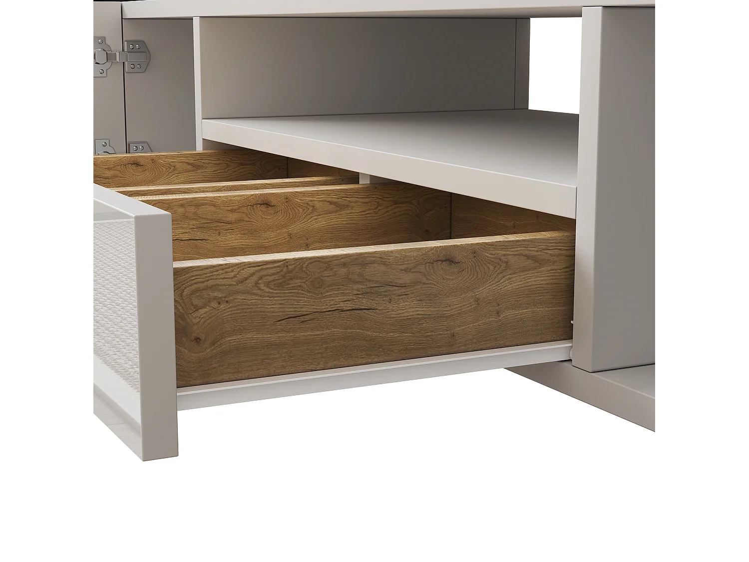 Meuble TV avec 6 portes, 2 tiroirs et 2 niches, LED inclus, en blanc laqué brillant et finition bois- 145x30x51cm