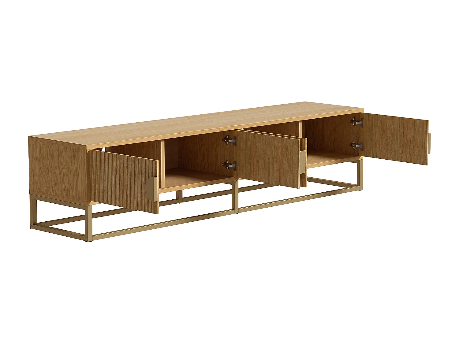 Mueble de TV con 4 puertas, tiradores y patas en metal dorado, acabado madera natural clara - 180x40x40cm