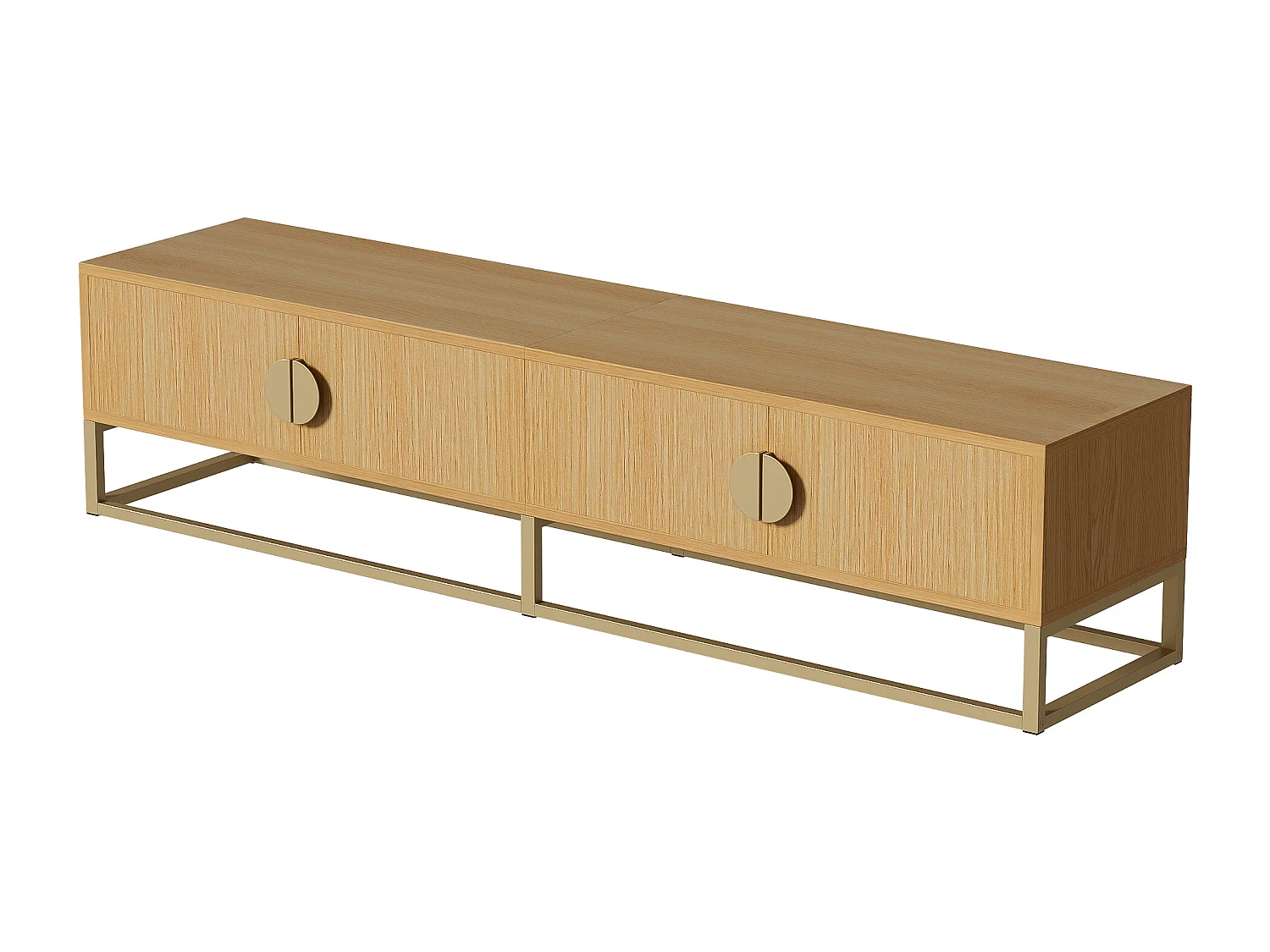 Mueble de TV con 4 puertas, tiradores y patas en metal dorado, acabado madera natural clara - 180x40x40cm