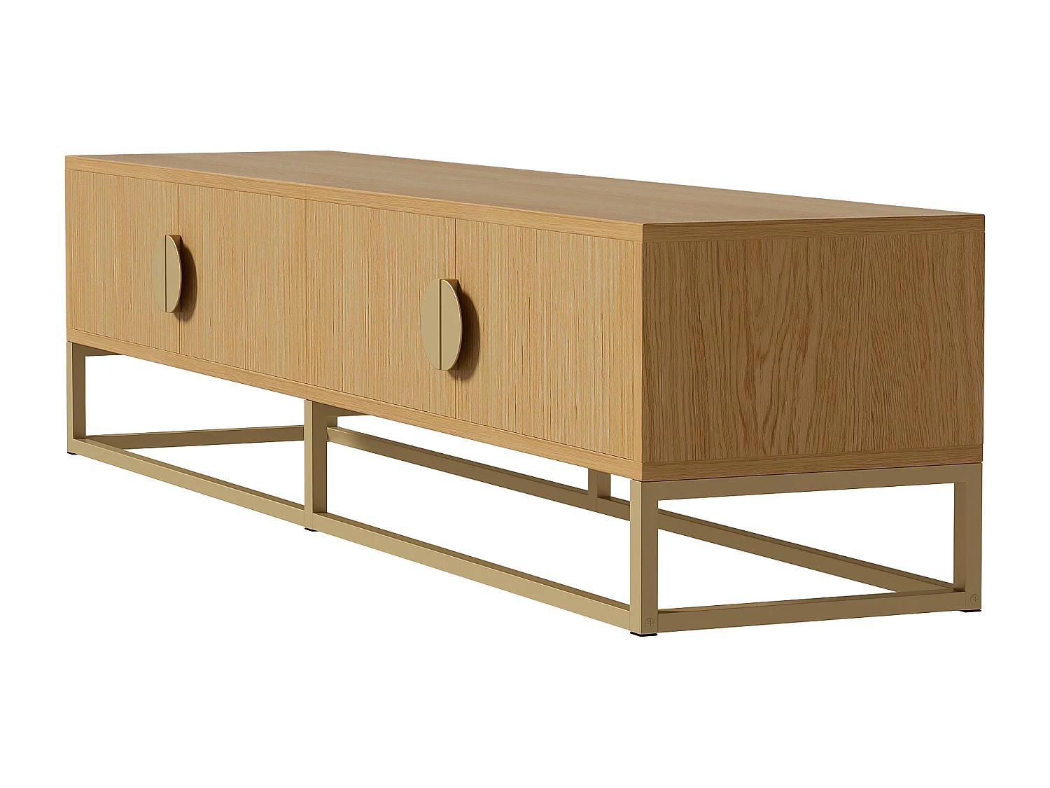 Mueble de TV con 4 puertas, tiradores y patas en metal dorado, acabado madera natural clara - 180x40x40cm