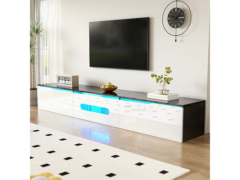 Meuble TV avec 3 portes et LED,meuble TV suspendu en blanc laqué brillant et noir - 180x35x30cm