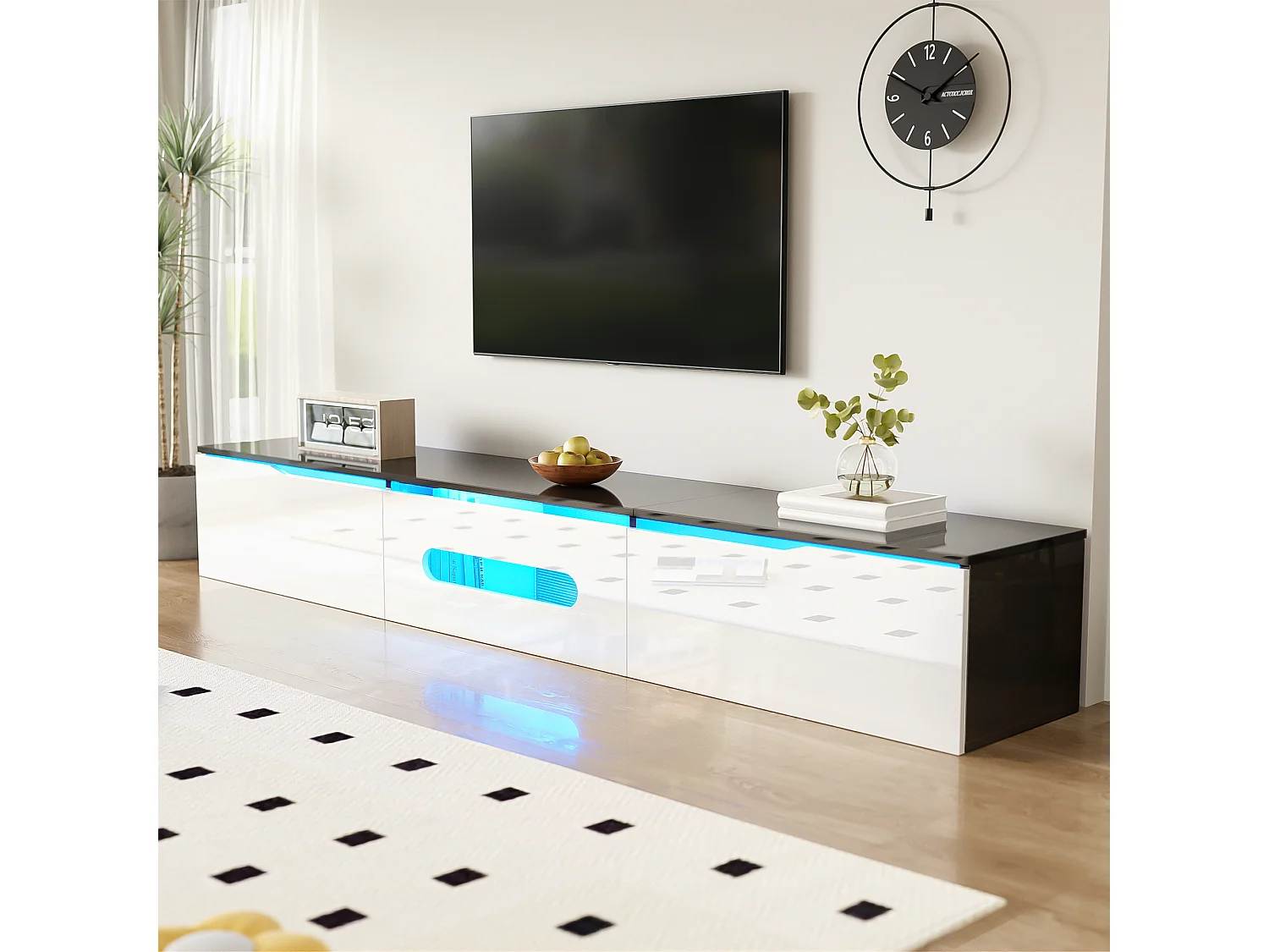 Meuble TV avec 3 portes et LED,meuble TV suspendu en blanc laqué brillant et noir - 180x35x30cm