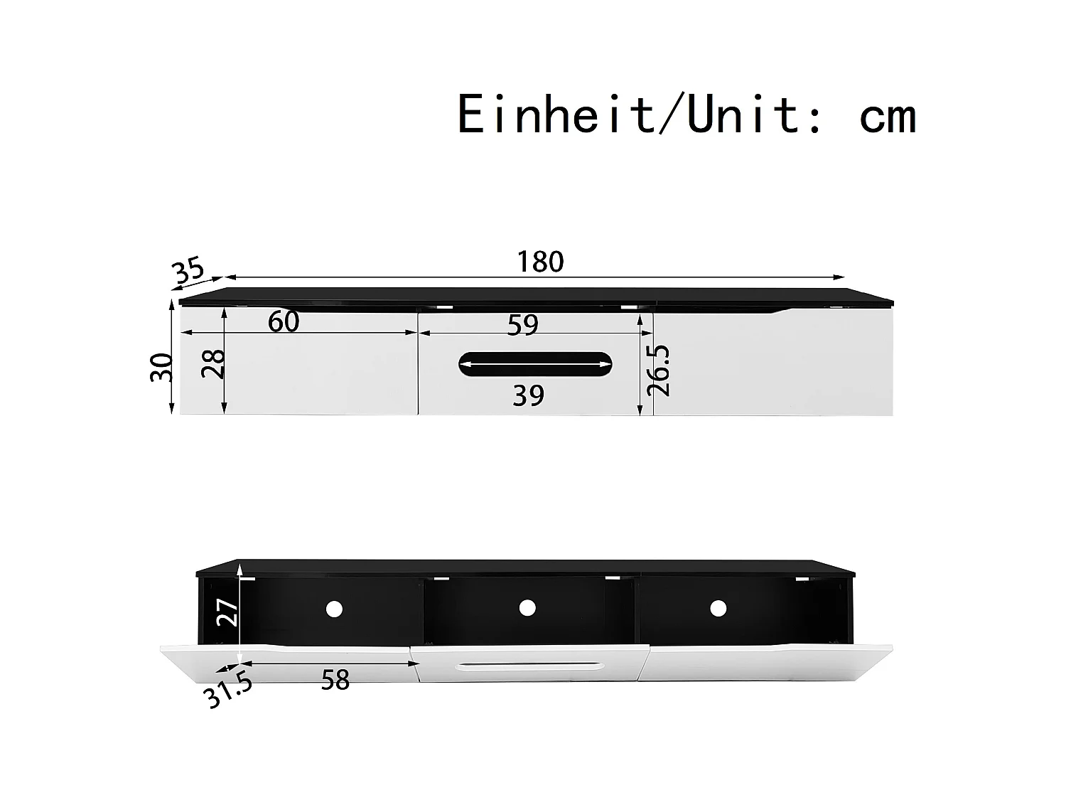 Meuble TV avec 3 portes et LED,meuble TV suspendu en blanc laqué brillant et noir - 180x35x30cm