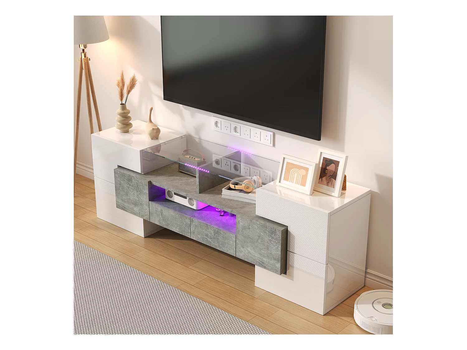 TV-meubel met 6 deuren, 2 lades en 2 nissen, inclusief LED, in hoogglans witte lak en grijze betonlook - 145x30x51cm