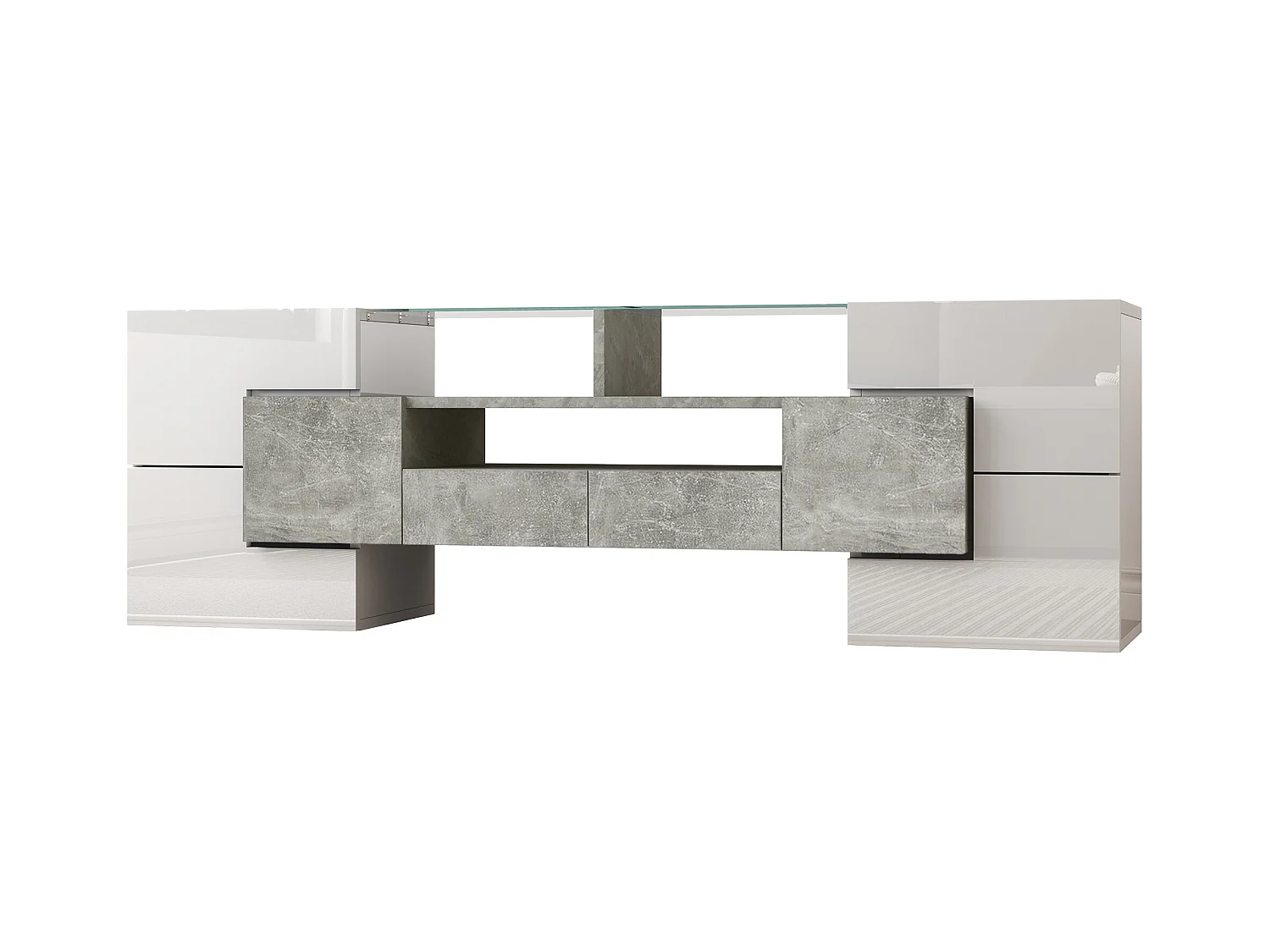 TV-meubel met 6 deuren, 2 lades en 2 nissen, inclusief LED, in hoogglans witte lak en grijze betonlook - 145x30x51cm