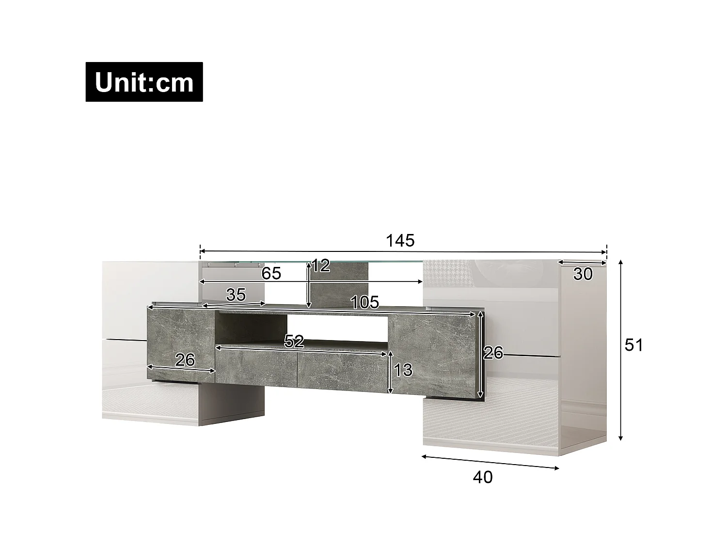 TV-meubel met 6 deuren, 2 lades en 2 nissen, inclusief LED, in hoogglans witte lak en grijze betonlook - 145x30x51cm