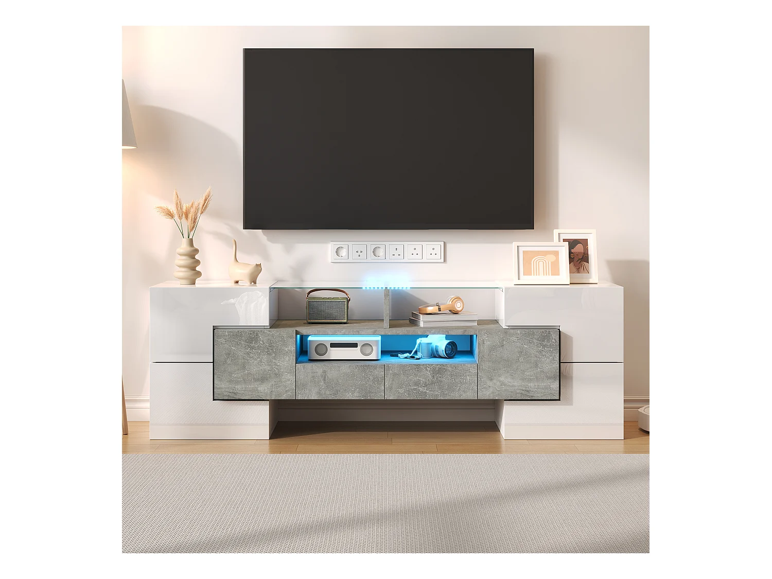 TV-meubel met 6 deuren, 2 lades en 2 nissen, inclusief LED, in hoogglans witte lak en grijze betonlook - 145x30x51cm