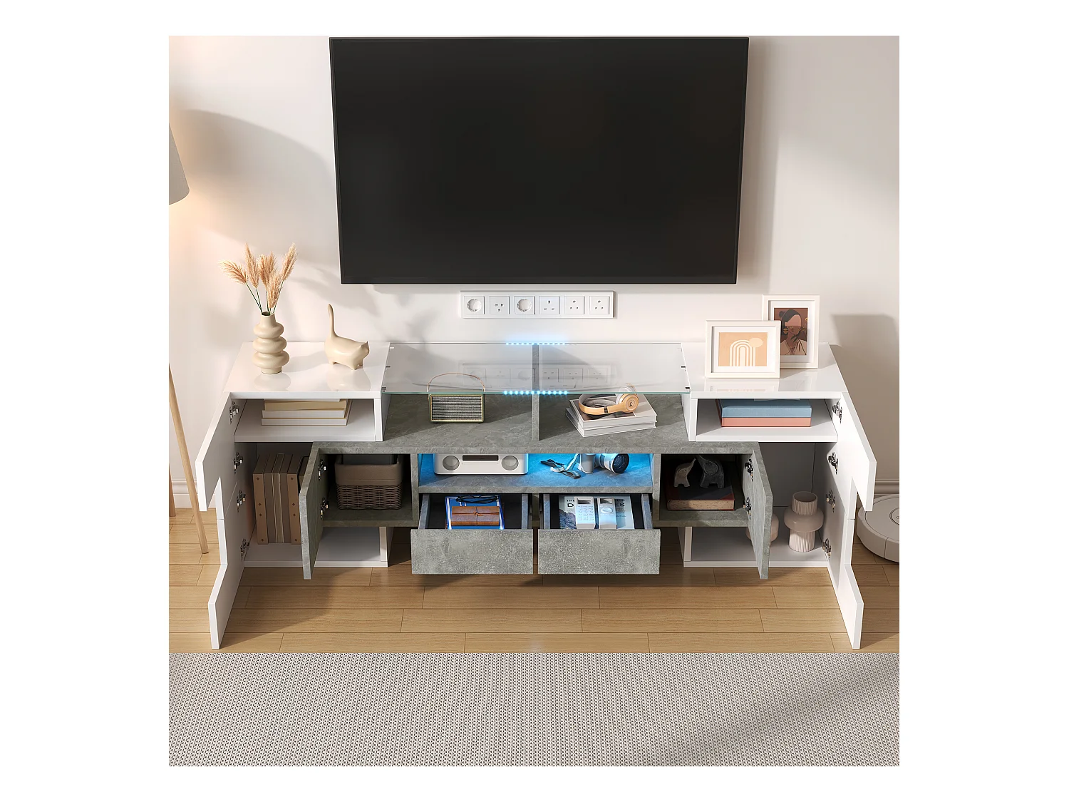 TV-meubel met 6 deuren, 2 lades en 2 nissen, inclusief LED, in hoogglans witte lak en grijze betonlook - 145x30x51cm