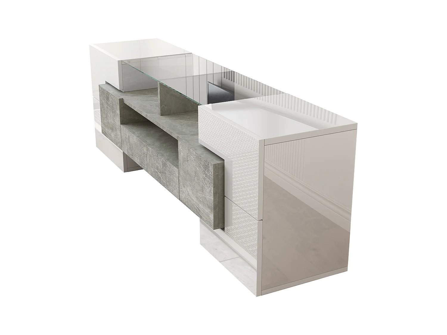 TV-meubel met 6 deuren, 2 lades en 2 nissen, inclusief LED, in hoogglans witte lak en grijze betonlook - 145x30x51cm