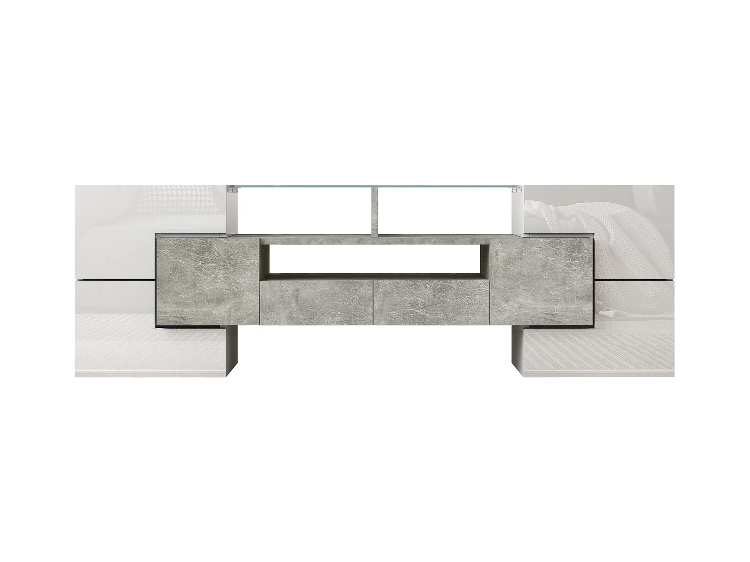 TV-meubel met 6 deuren, 2 lades en 2 nissen, inclusief LED, in hoogglans witte lak en grijze betonlook - 145x30x51cm