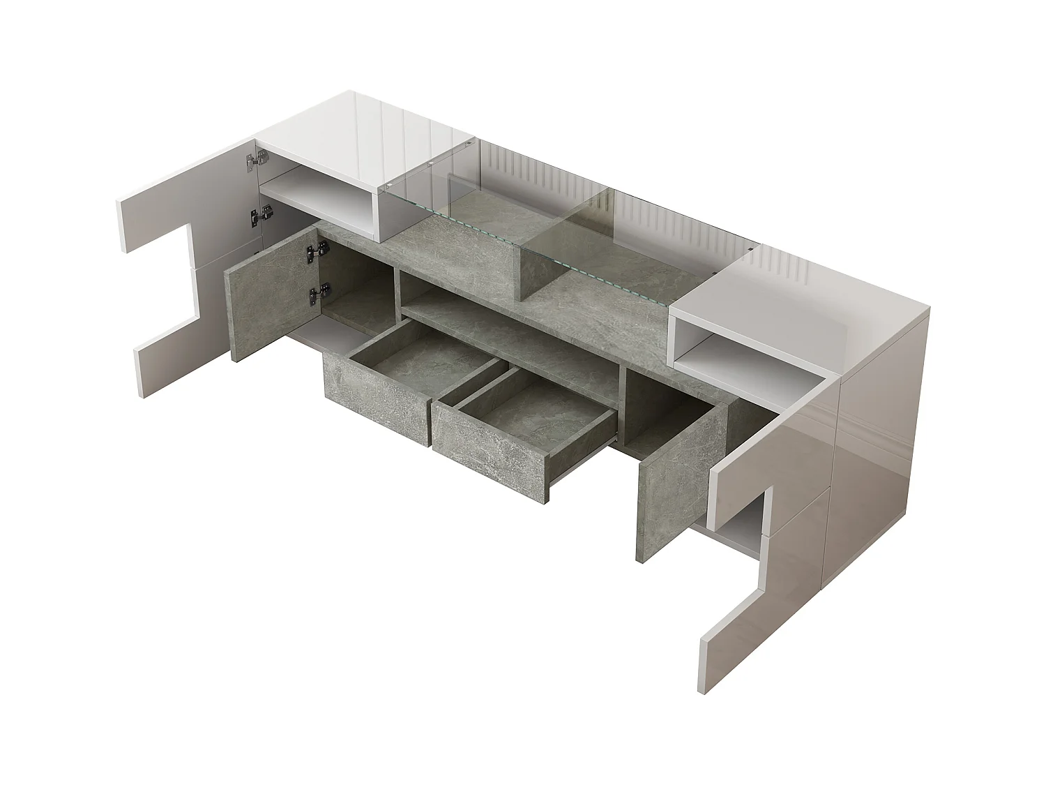 TV-meubel met 6 deuren, 2 lades en 2 nissen, inclusief LED, in hoogglans witte lak en grijze betonlook - 145x30x51cm