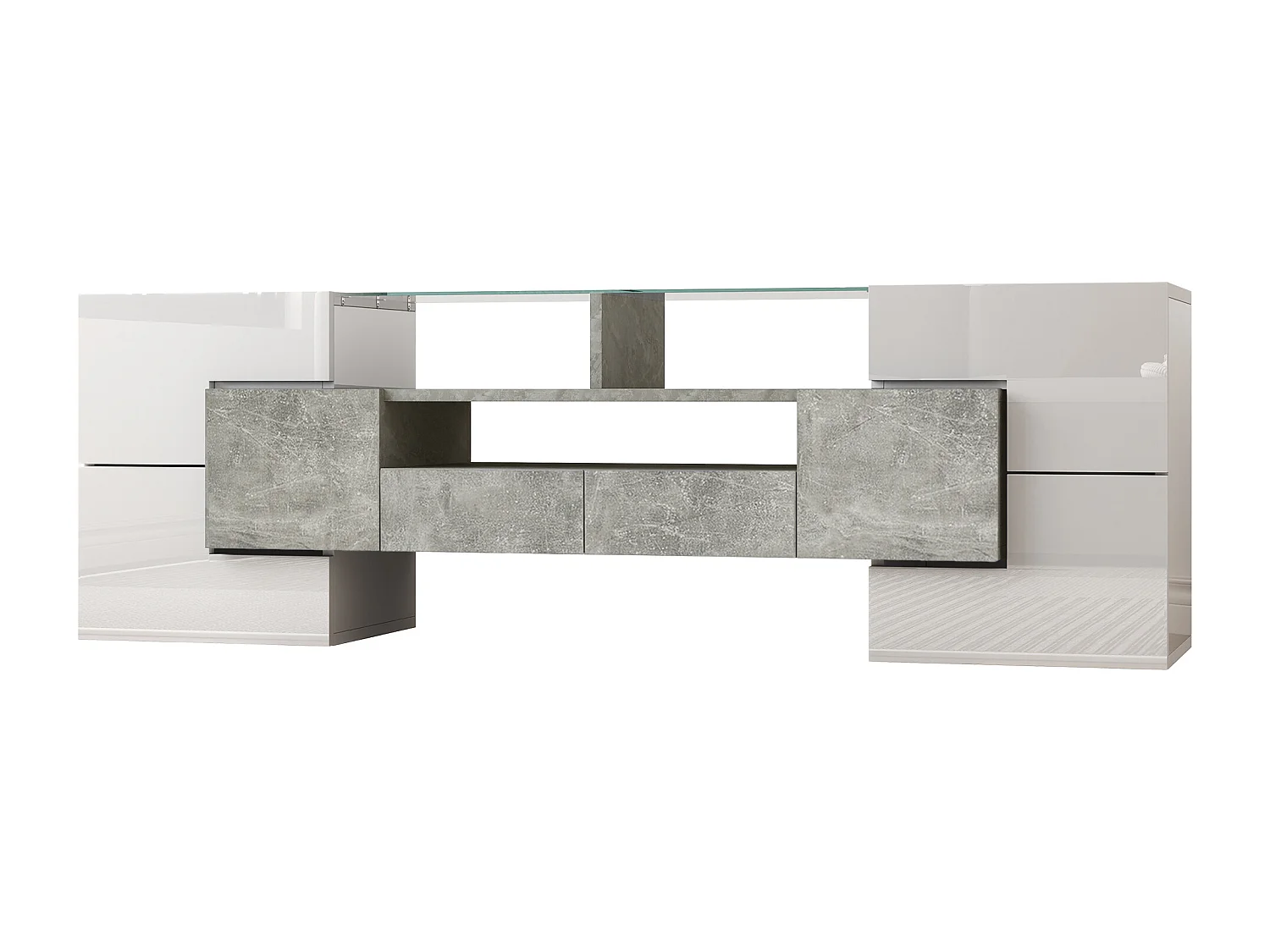 Meuble TV avec 6 portes, 2 tiroirs et 2 niches, LED inclus, en blanc laqué brillant et finition béton gris- 145x30x51cm