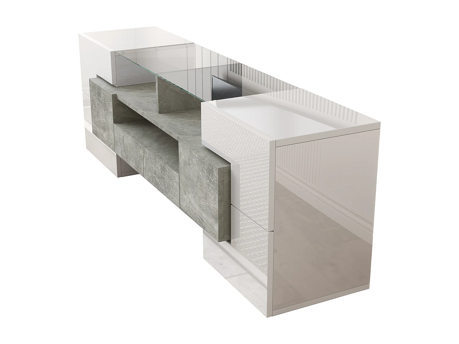 Meuble TV avec 6 portes, 2 tiroirs et 2 niches, LED inclus, en blanc laqué brillant et finition béton gris- 145x30x51cm