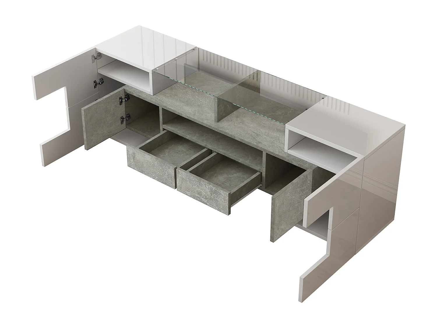 Meuble TV avec 6 portes, 2 tiroirs et 2 niches, LED inclus, en blanc laqué brillant et finition béton gris- 145x30x51cm
