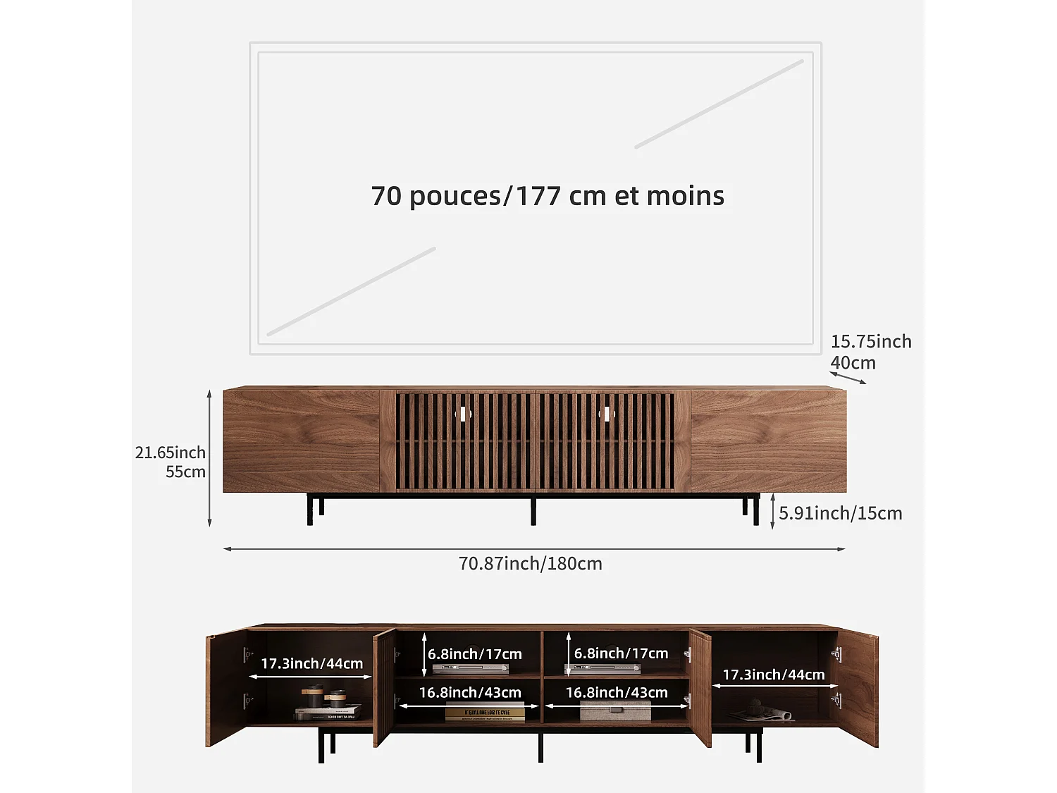 Mobile TV moderno da 75", con ampio spazio di archiviazione, consolle multimediale da 180 cm, per soggiorno e camera da letto, colore noce