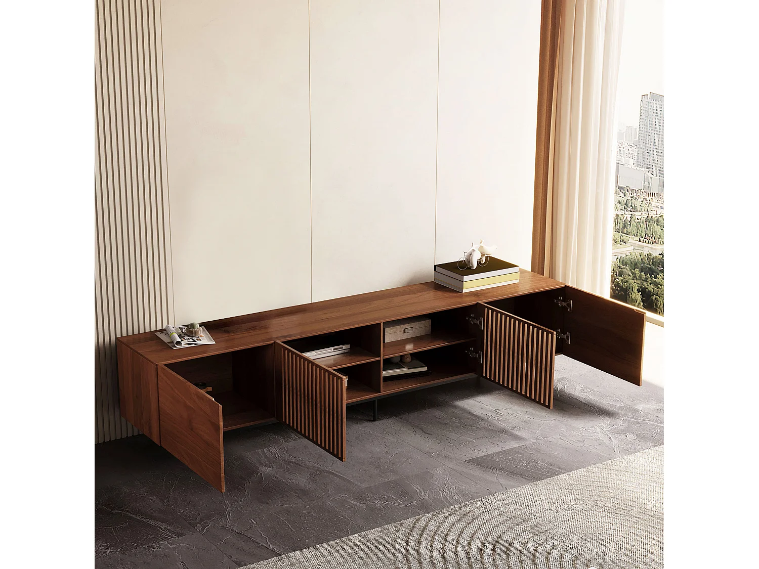 Mobile TV moderno da 75", con ampio spazio di archiviazione, consolle multimediale da 180 cm, per soggiorno e camera da letto, colore noce