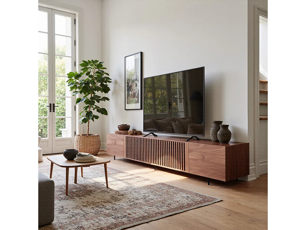 Meuble TV moderne 75", avec grand espace de rangement, console multimédia 180 cm, pour salon et chambre, couleur noyer