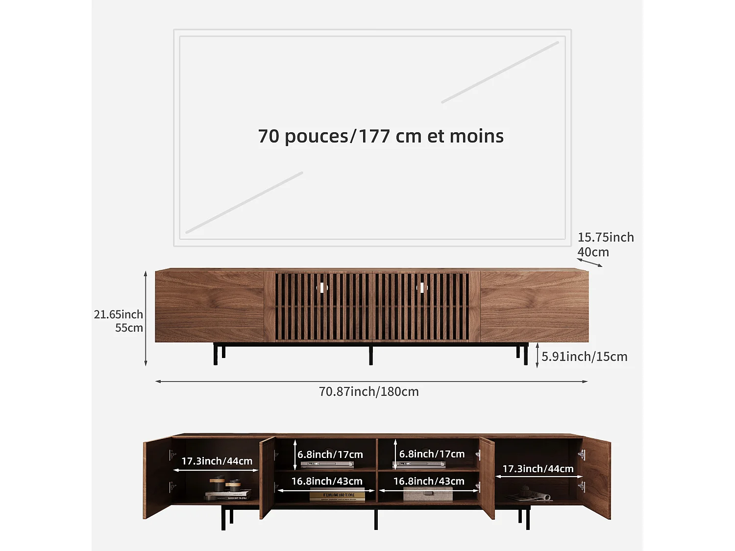 Meuble TV moderne 75", avec grand espace de rangement, console multimédia 180 cm, pour salon et chambre, couleur noyer