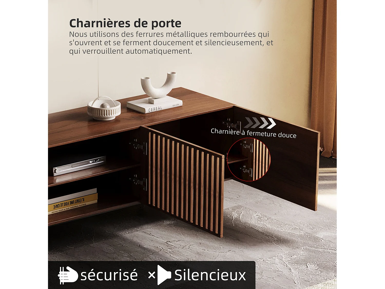 Meuble TV moderne 75", avec grand espace de rangement, console multimédia 180 cm, pour salon et chambre, couleur noyer