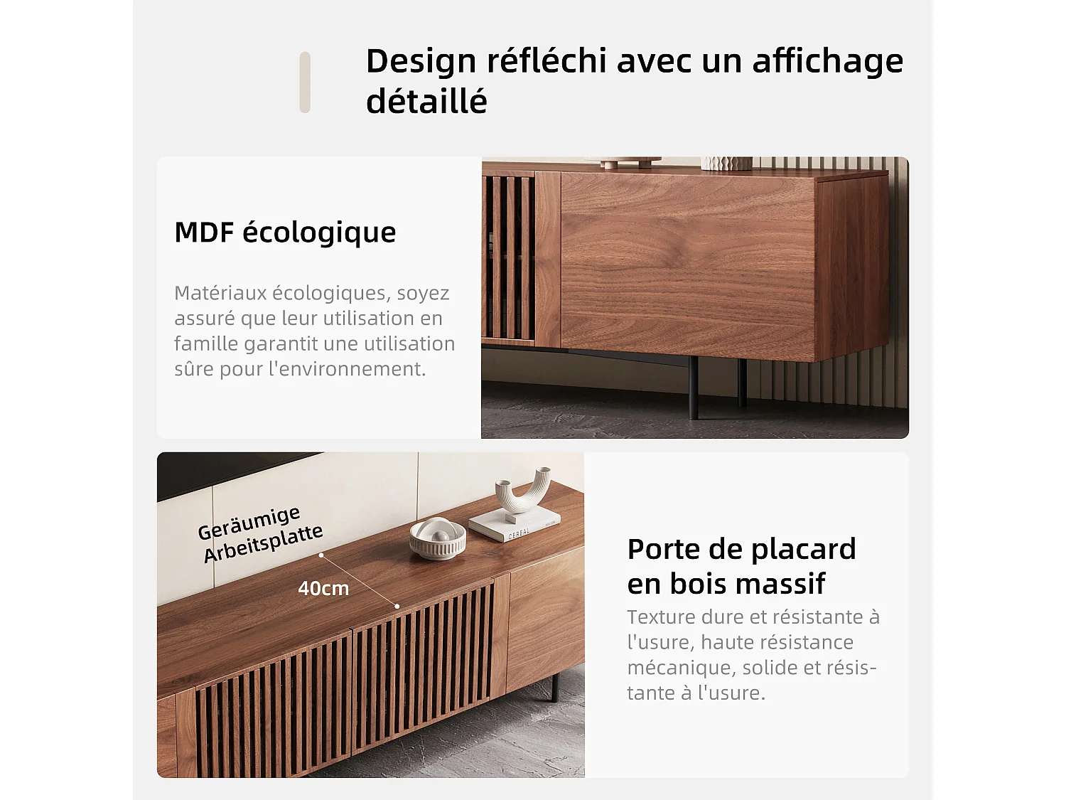 Meuble TV moderne 75", avec grand espace de rangement, console multimédia 180 cm, pour salon et chambre, couleur noyer