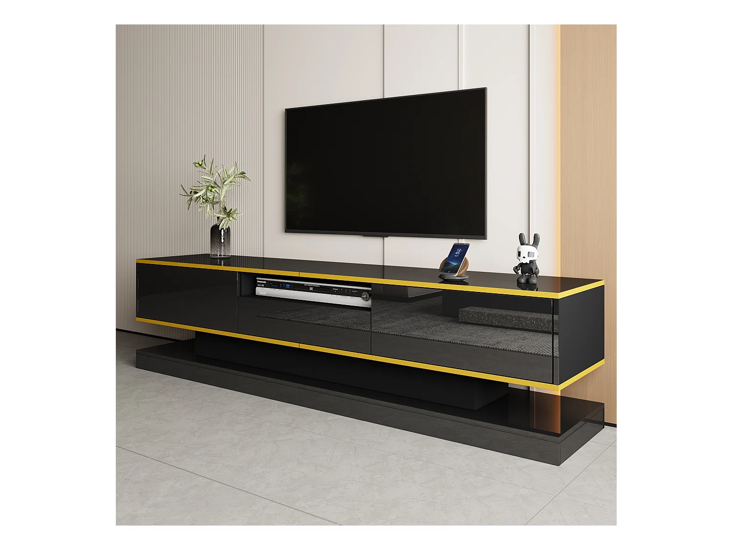 Nowoczesna szafka pod TV 180×38×45 cm - z trzema szufladami - z otwartą komorą - z oświetleniem LED - czarna