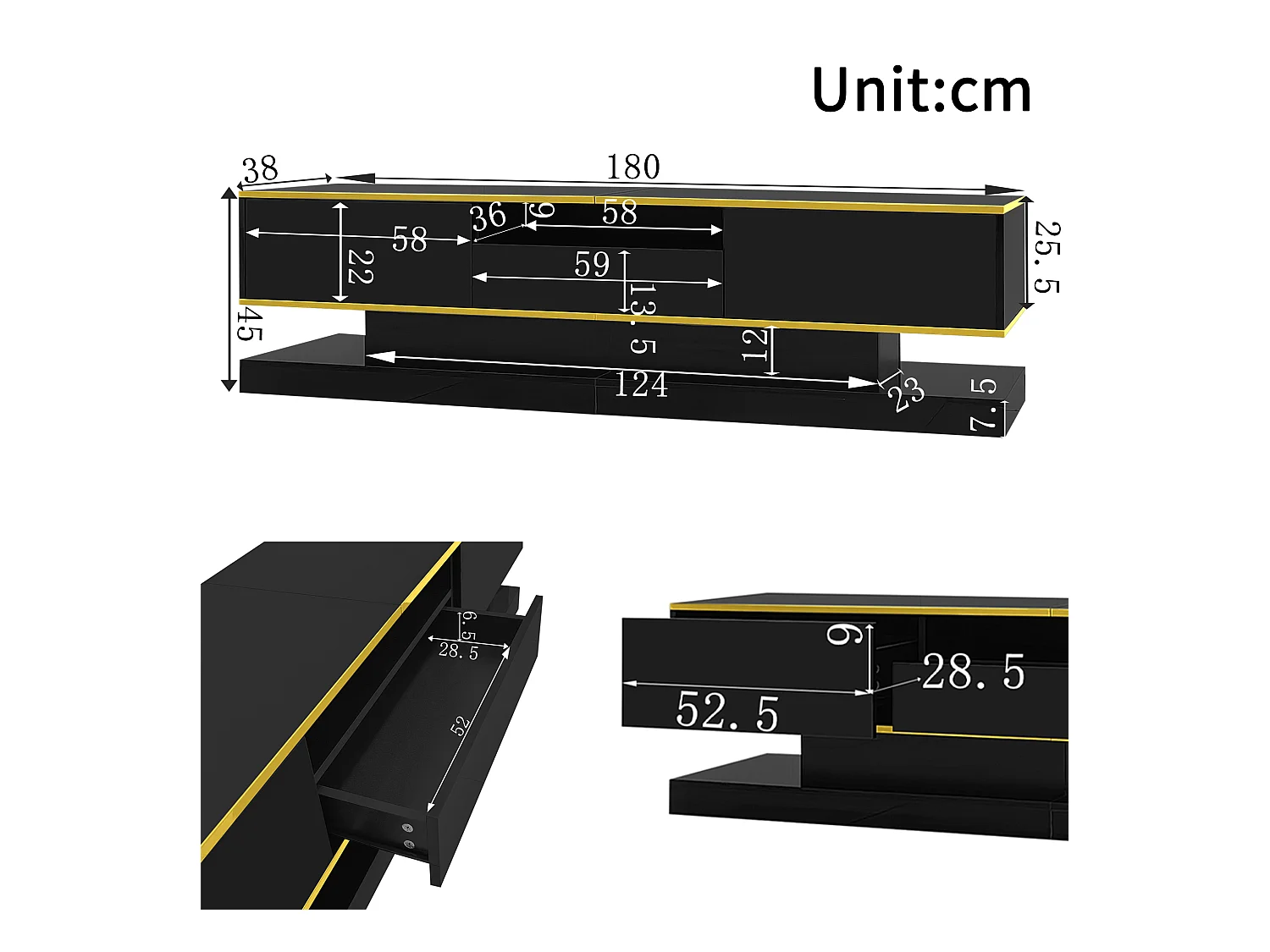 Nowoczesna szafka pod TV 180×38×45 cm - z trzema szufladami - z otwartą komorą - z oświetleniem LED - czarna