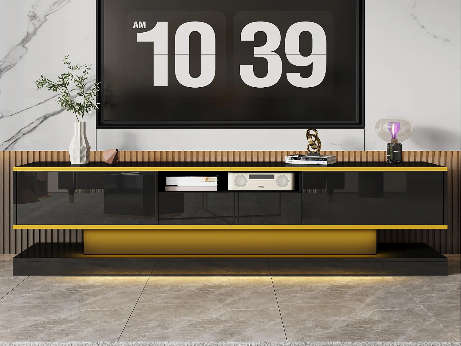 Meuble TV moderne 180x38x45cm - avec trois tiroirs - avec un compartiment ouvert - avec éclairage LED - noir