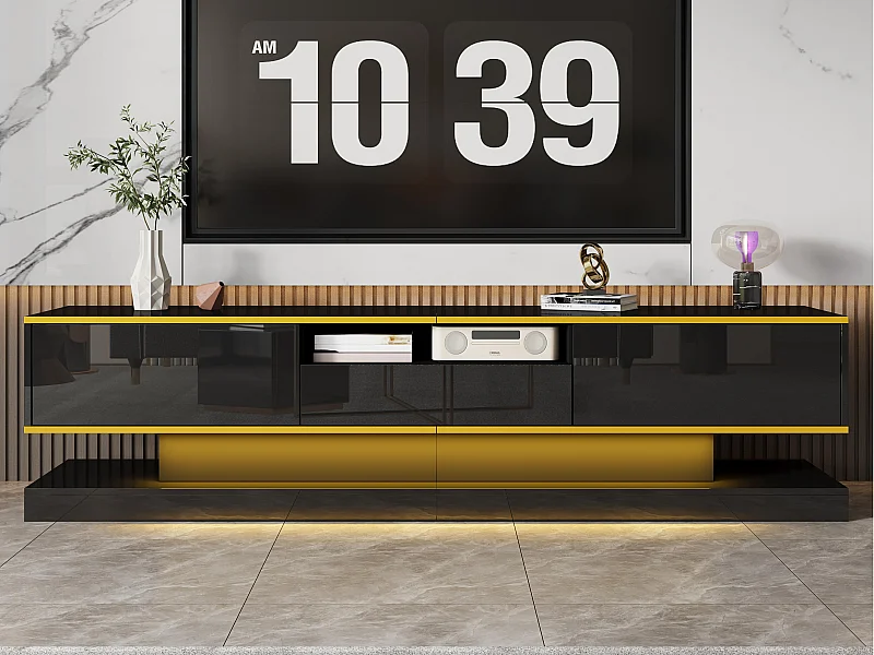 Moderne TV-Kommode 180×38×45 cm - mit drei Schubladen - mit offenem Fach - mit LED-Beleuchtung - schwarz