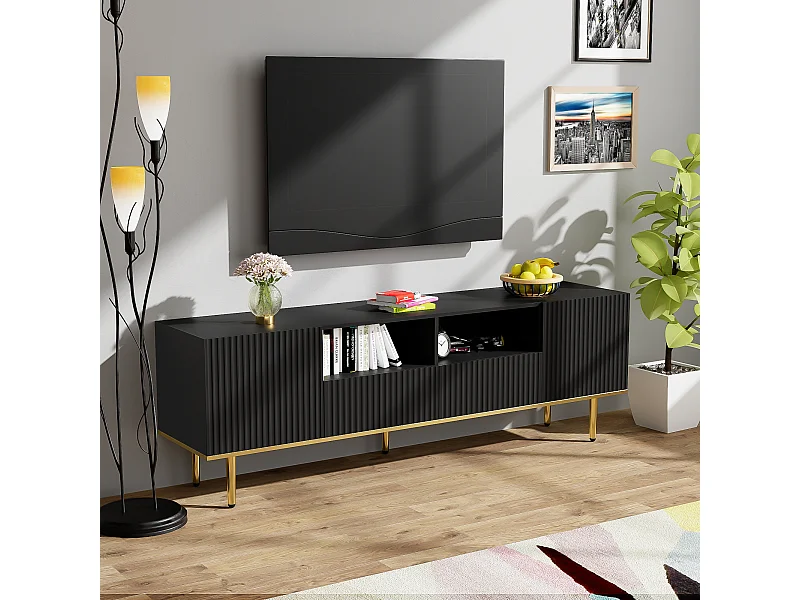 Móvel TV com 2 portas, 2 gavetas e 2 nichos, corpo ranhurado na cor preta com detalhes dourados - 165x36x55cm
