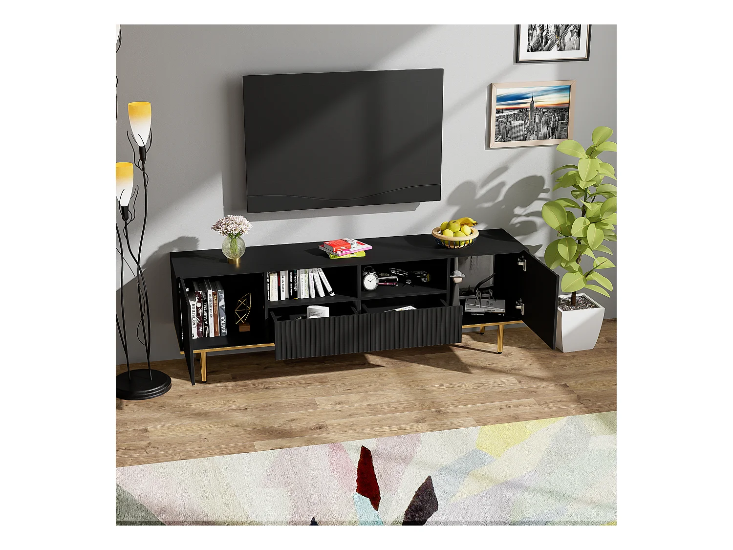 Móvel TV com 2 portas, 2 gavetas e 2 nichos, corpo ranhurado na cor preta com detalhes dourados - 165x36x55cm