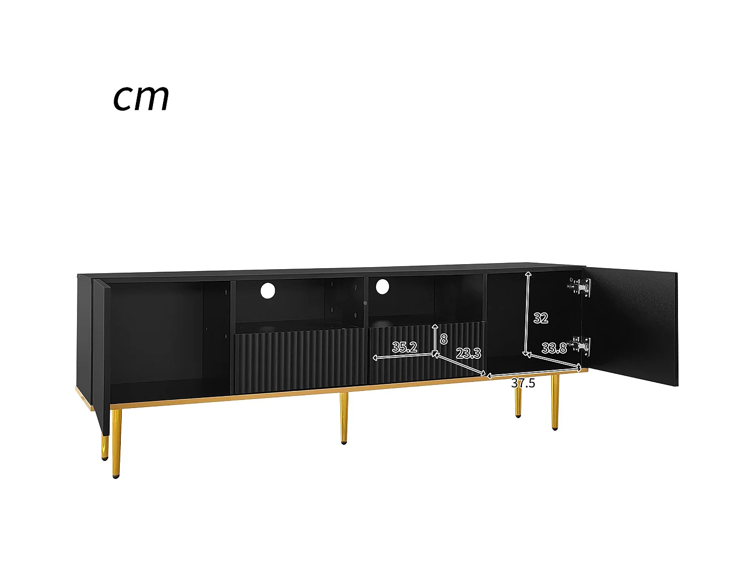 Móvel TV com 2 portas, 2 gavetas e 2 nichos, corpo ranhurado na cor preta com detalhes dourados - 165x36x55cm