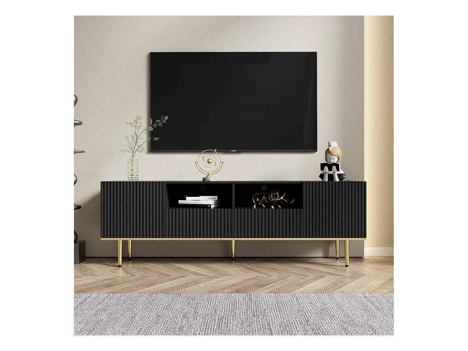 Meuble TV avec 2 portes, 2 tiroirs et 2 niches, corps Rainuré en noir avec des accents dorés - 165x36x55cm