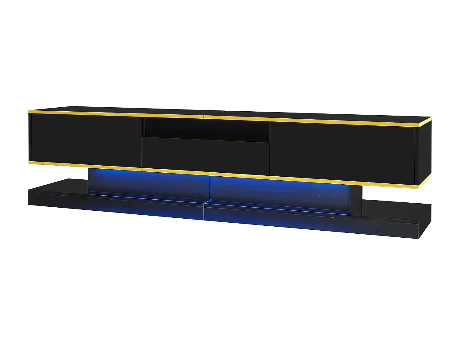Meuble TV avec 3 tiroirs et 1 niche, LED inclus, noir laqué brillant et bande doré - 180x38x45cm