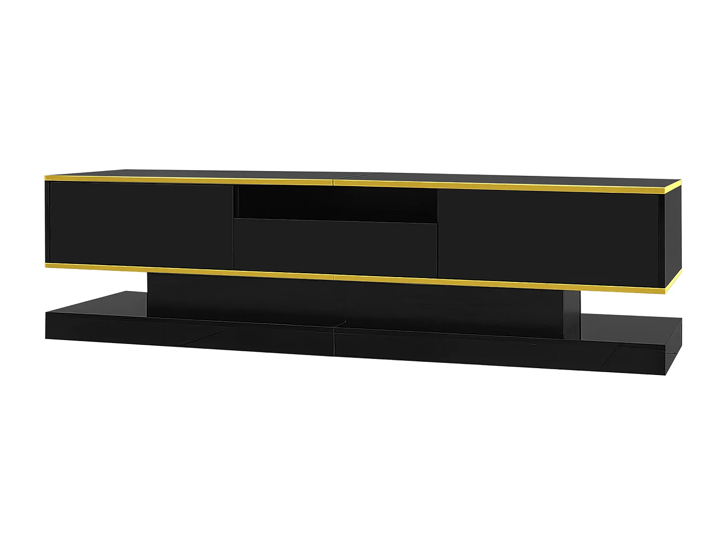Meuble TV avec 3 tiroirs et 1 niche, LED inclus, noir laqué brillant et bande doré - 180x38x45cm