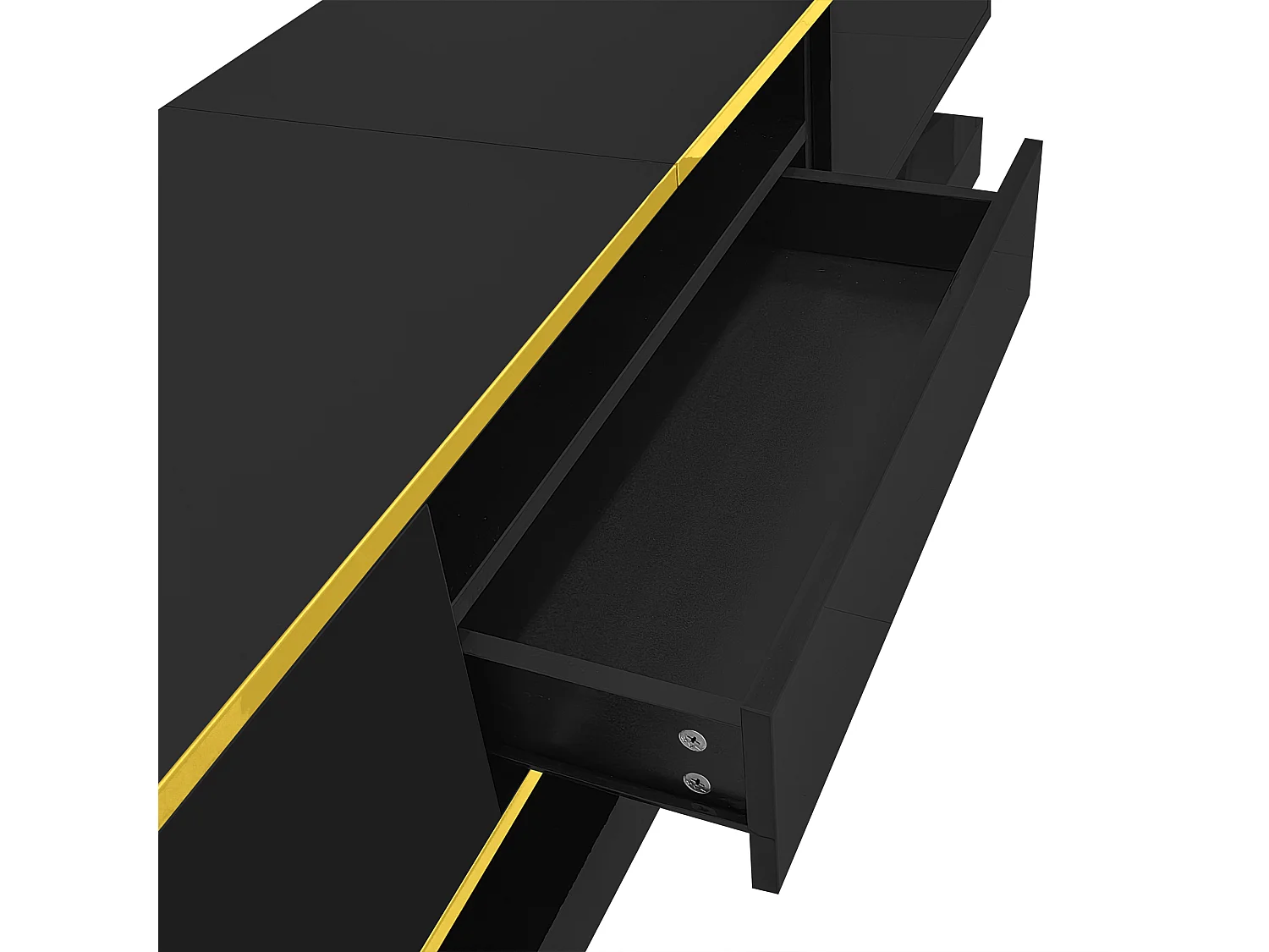 Meuble TV avec 3 tiroirs et 1 niche, LED inclus, noir laqué brillant et bande doré - 180x38x45cm