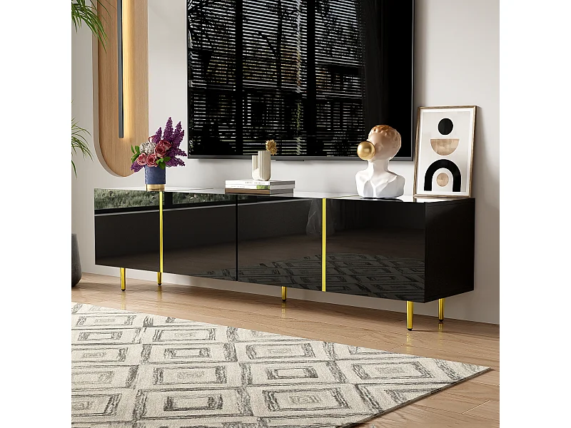 Mueble TV de 4 puertas, cuerpo lacado negro brillo y banda dorada - 170x35x46cm