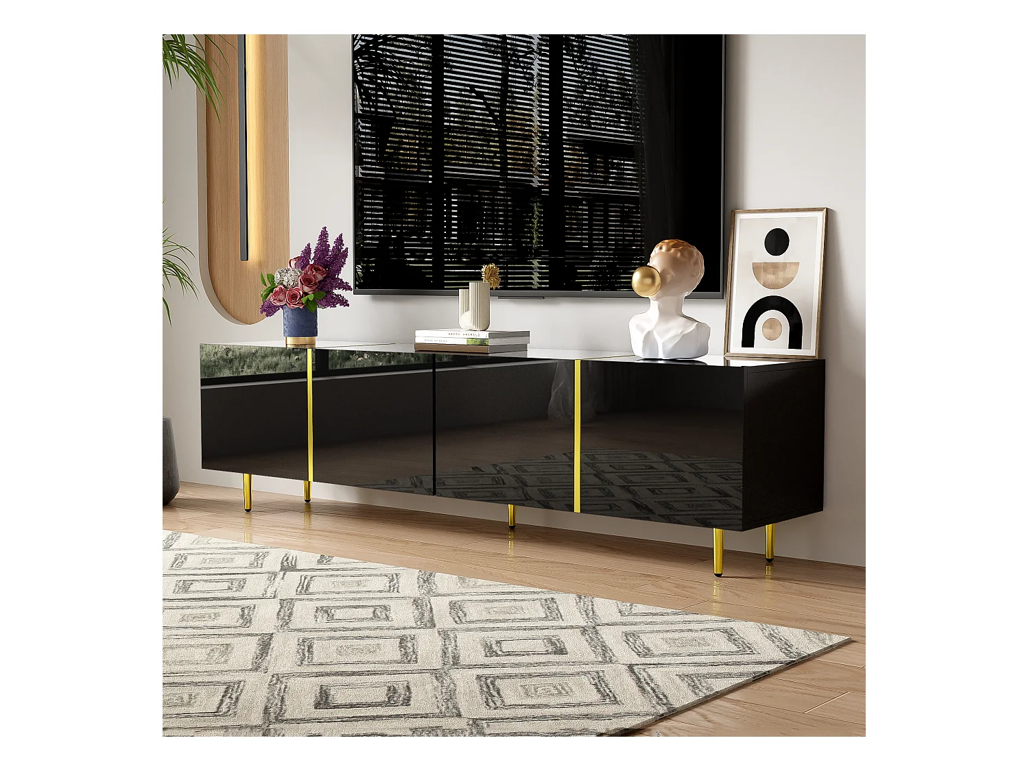 Meuble TV avec 4 portes, corps en noir laqué brillant et bande doré - 170x35x46cm