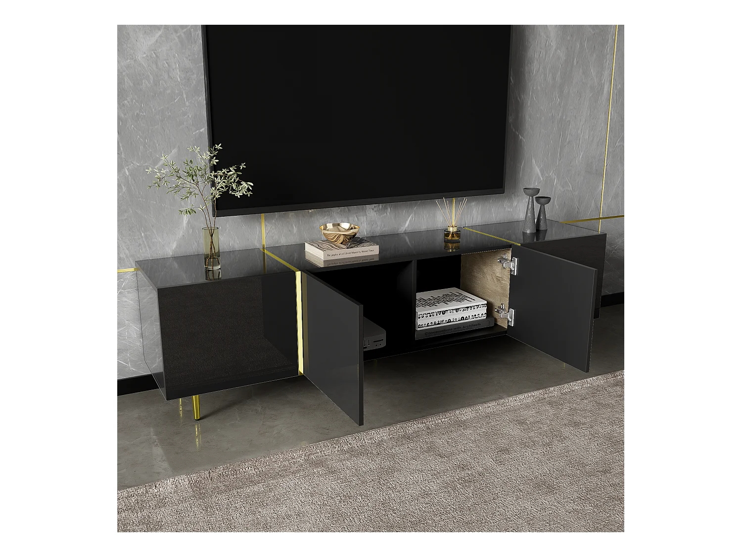 Meuble TV avec 4 portes, corps en noir laqué brillant et bande doré - 170x35x46cm