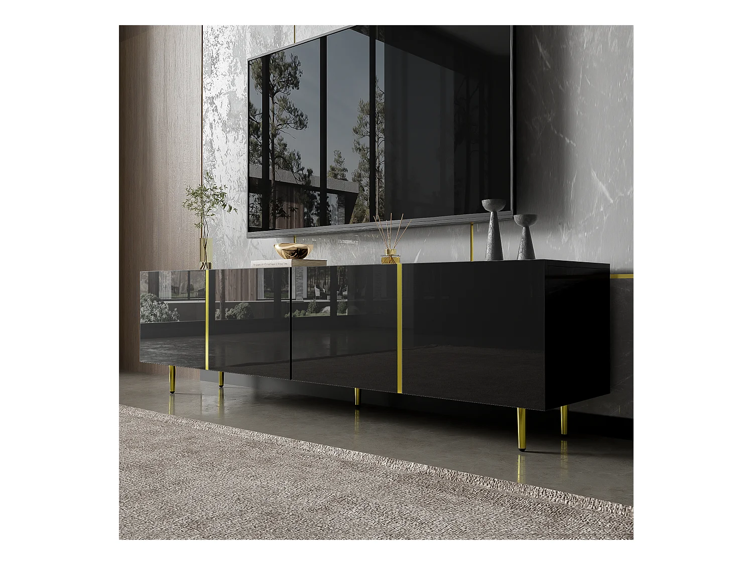 Meuble TV avec 4 portes, corps en noir laqué brillant et bande doré - 170x35x46cm