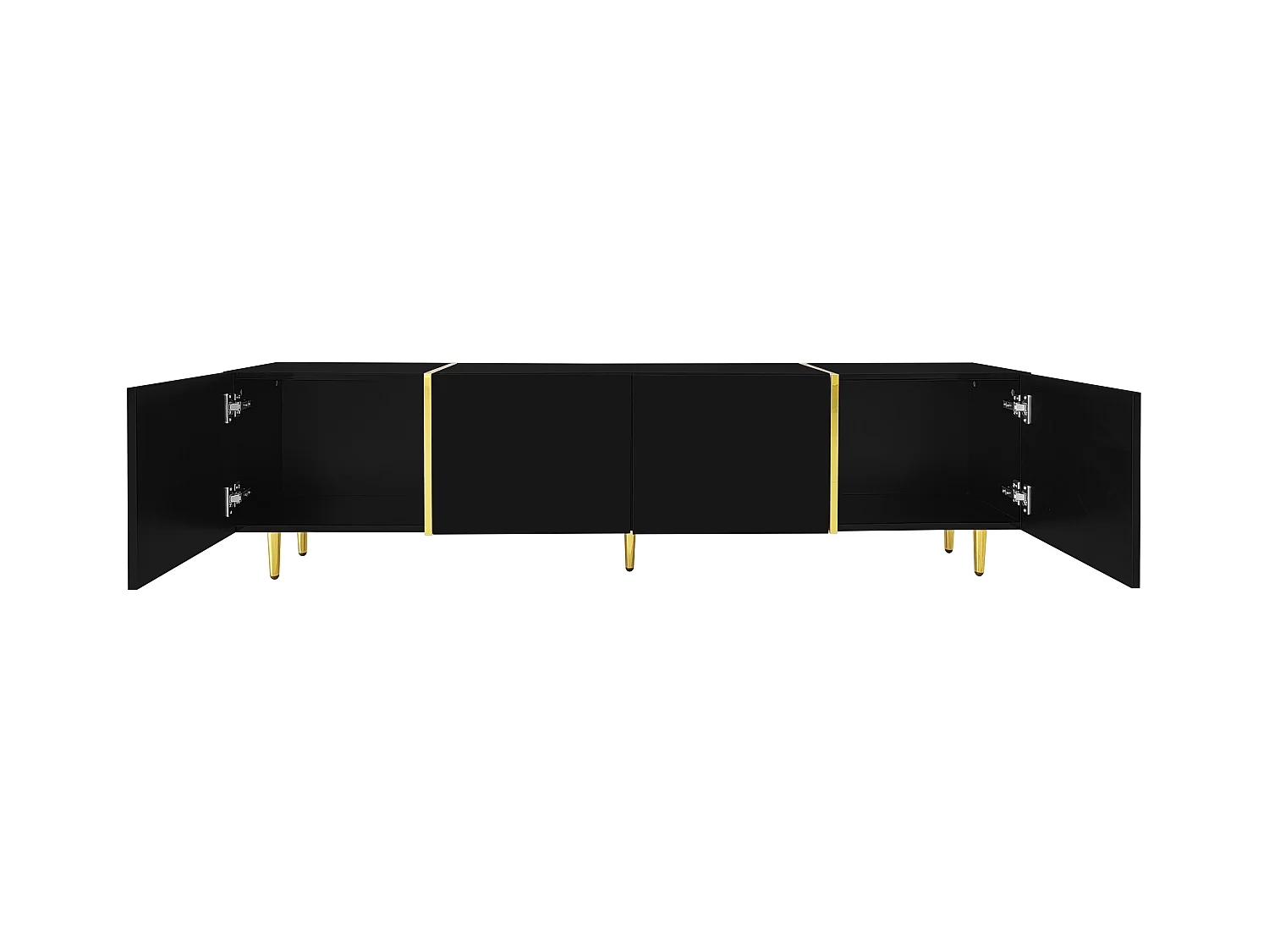 Meuble TV avec 4 portes, corps en noir laqué brillant et bande doré - 170x35x46cm