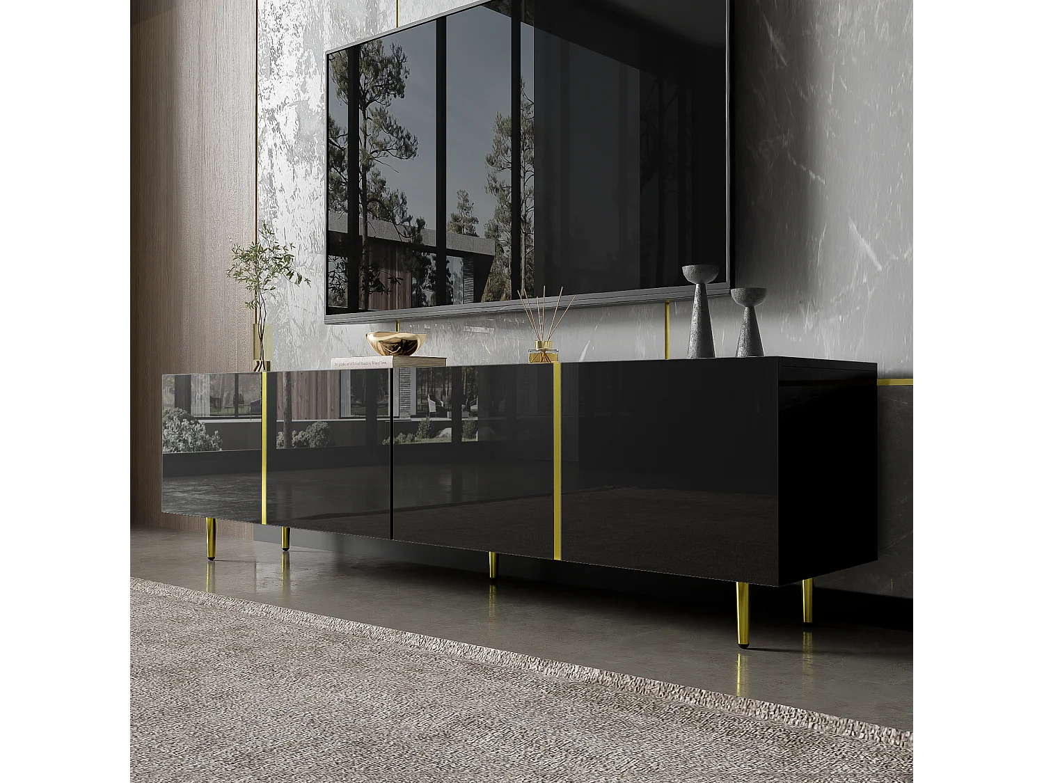 Móvel TV com 4 portas, corpo lacado preto brilhante e faixa dourada - 170x35x46cm