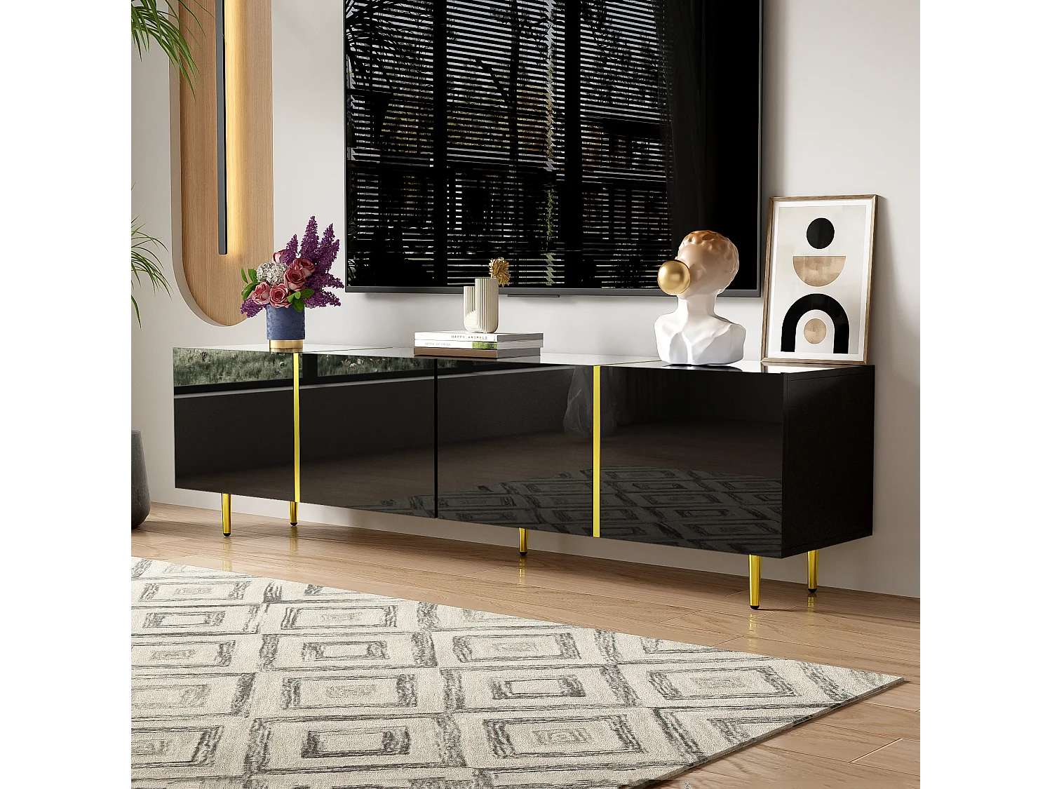 Móvel TV com 4 portas, corpo lacado preto brilhante e faixa dourada - 170x35x46cm