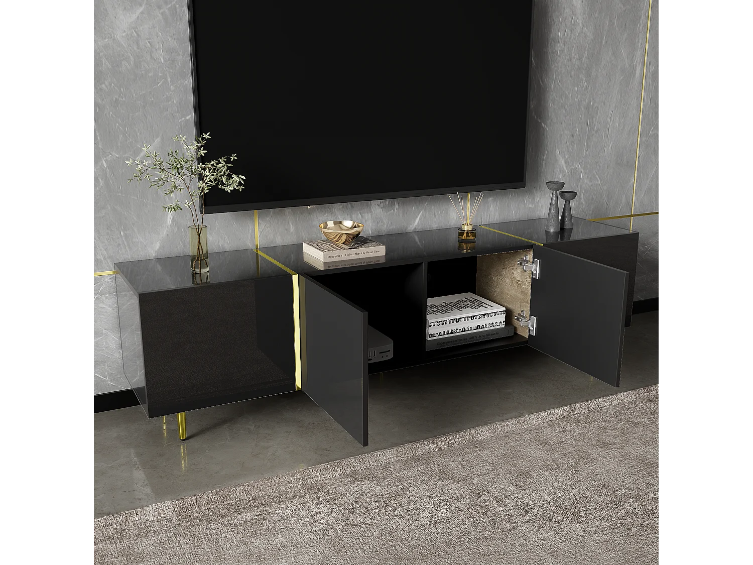 Móvel TV com 4 portas, corpo lacado preto brilhante e faixa dourada - 170x35x46cm