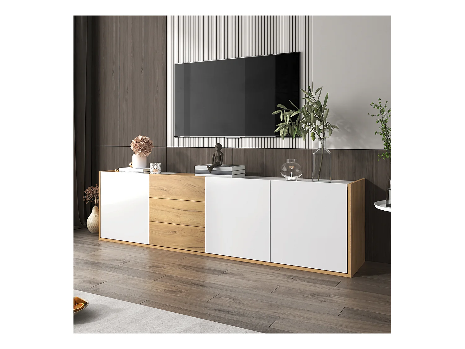 TV-meubel met 3 lades en 3 deuren, wandmeubel in licht natuurlijk hout en witte afwerking - 171,5x35x47cm
