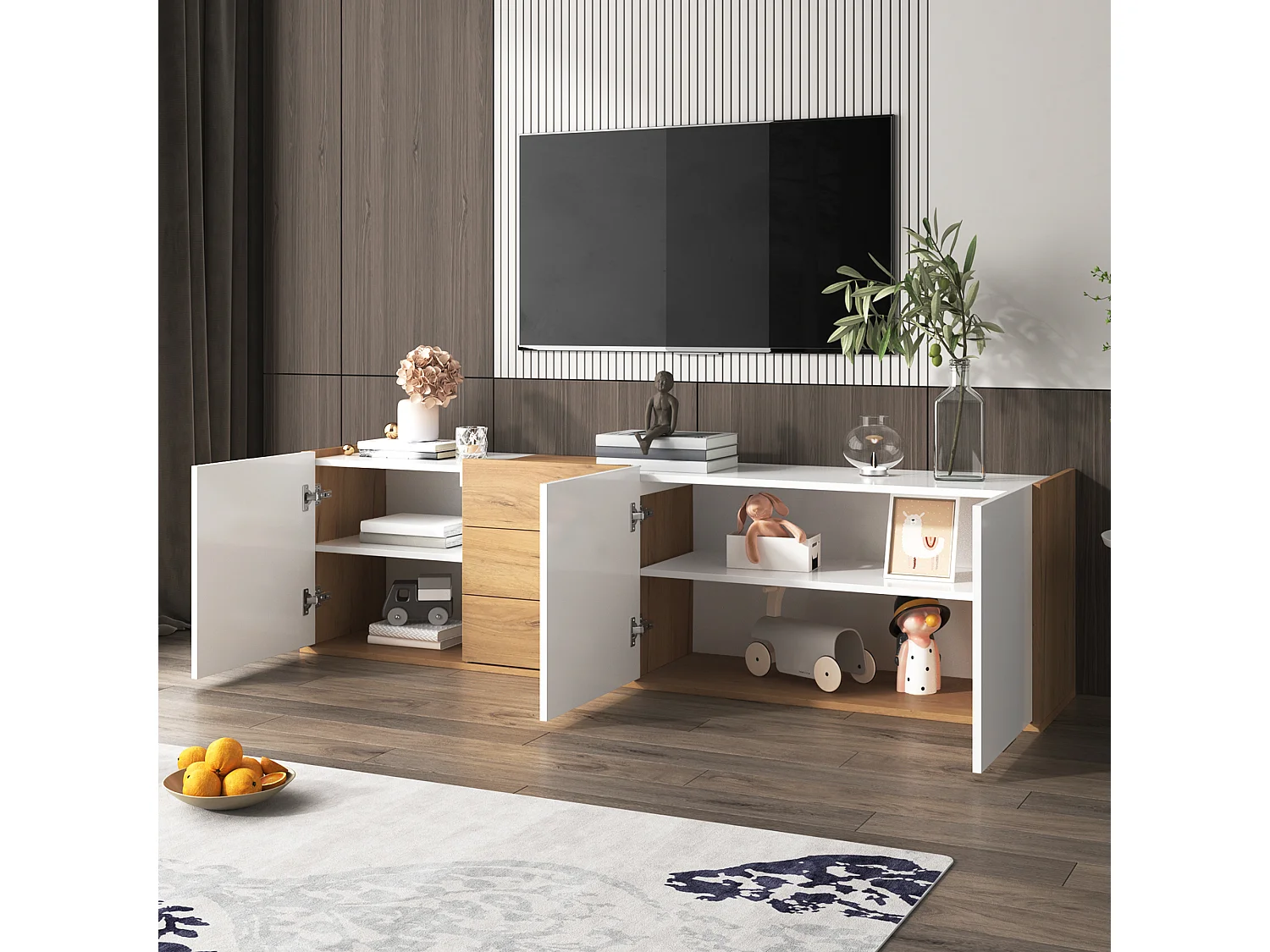 Meuble TV avec 3 tiroirs et 3 portes, meuble TV suspendu en finition bois naturel clair et blanc - 171.5x35x47cm