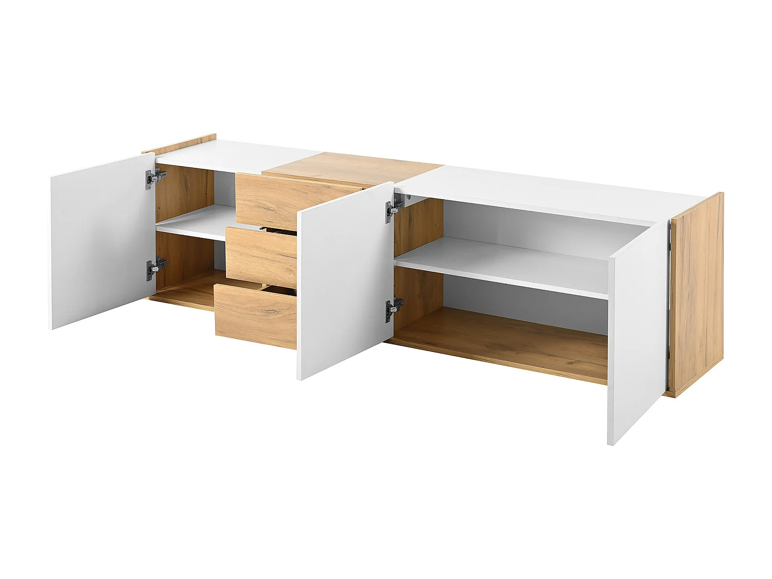 Meuble TV avec 3 tiroirs et 3 portes, meuble TV suspendu en finition bois naturel clair et blanc - 171.5x35x47cm