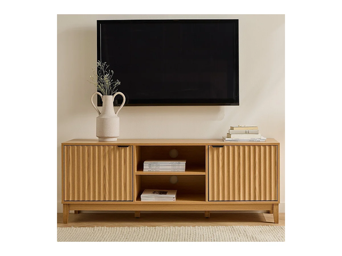 Meuble TV 2 niches et 2 portes aux façades effet vague L140 cm - BOLOGNE