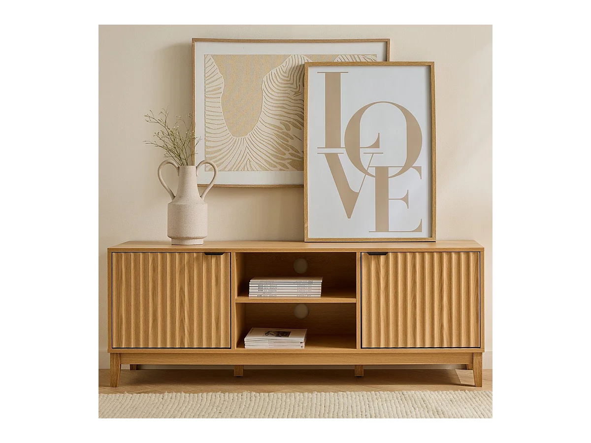 Meuble TV 2 niches et 2 portes aux façades effet vague L140 cm - BOLOGNE