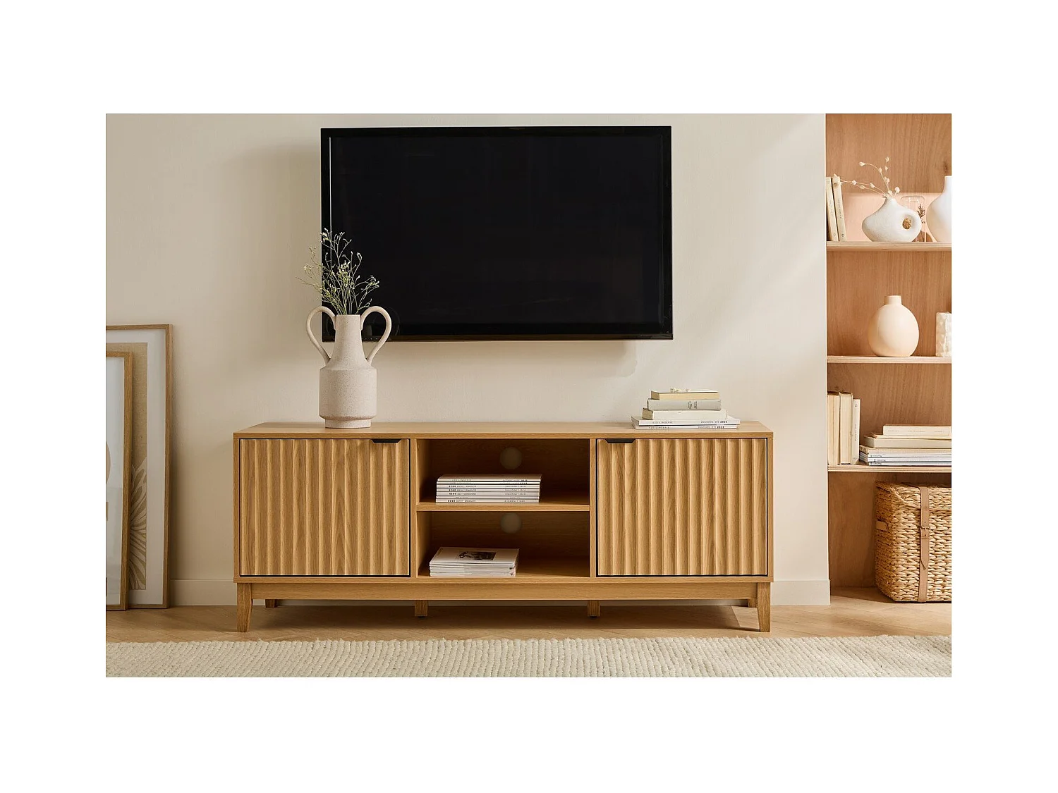 Meuble TV 2 niches et 2 portes aux façades effet vague L140 cm - BOLOGNE